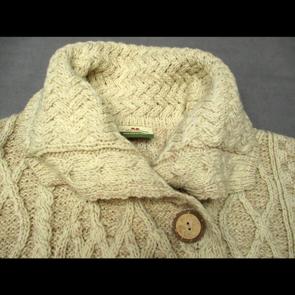 Carraigdonn Merino Wool Cardigan Sweater Large Chunky Cable Knit Cream Ireland - Picture 5 of 9